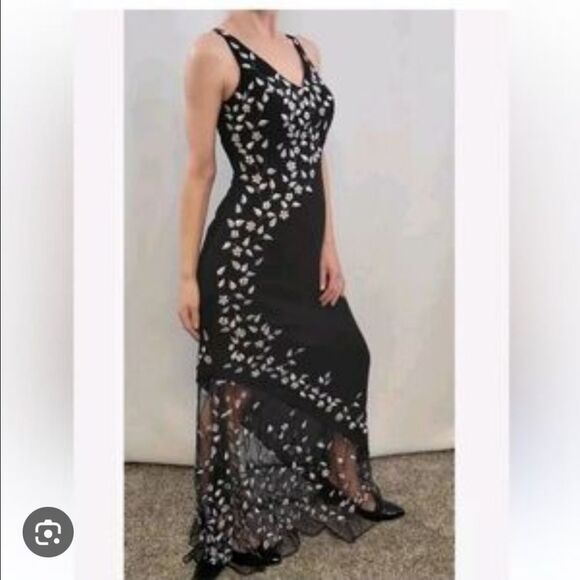 ASPEED Black Embroidered Maxi Dress Embellished Size M Vtg Y2k Prom Glam - Picture 2 of 16